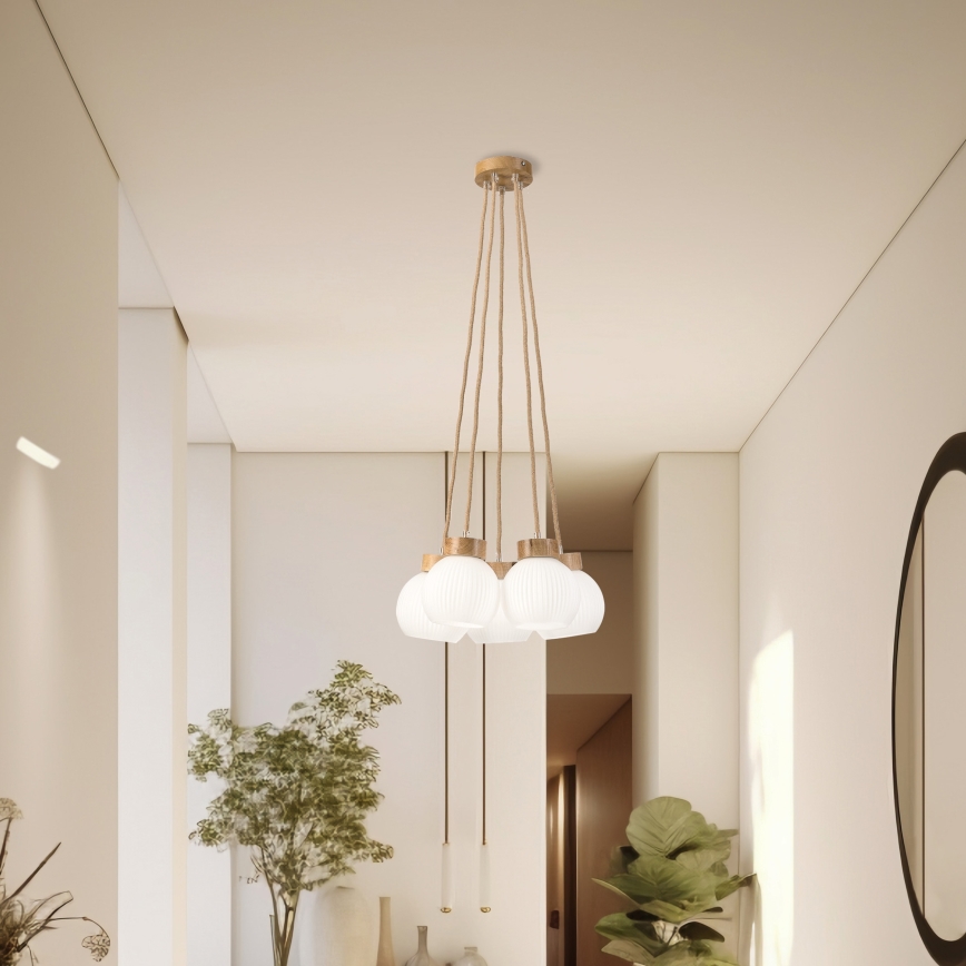 Pendellampa LOOMIS på sladd 5xE27/15W/230V 83 cm beige/ek