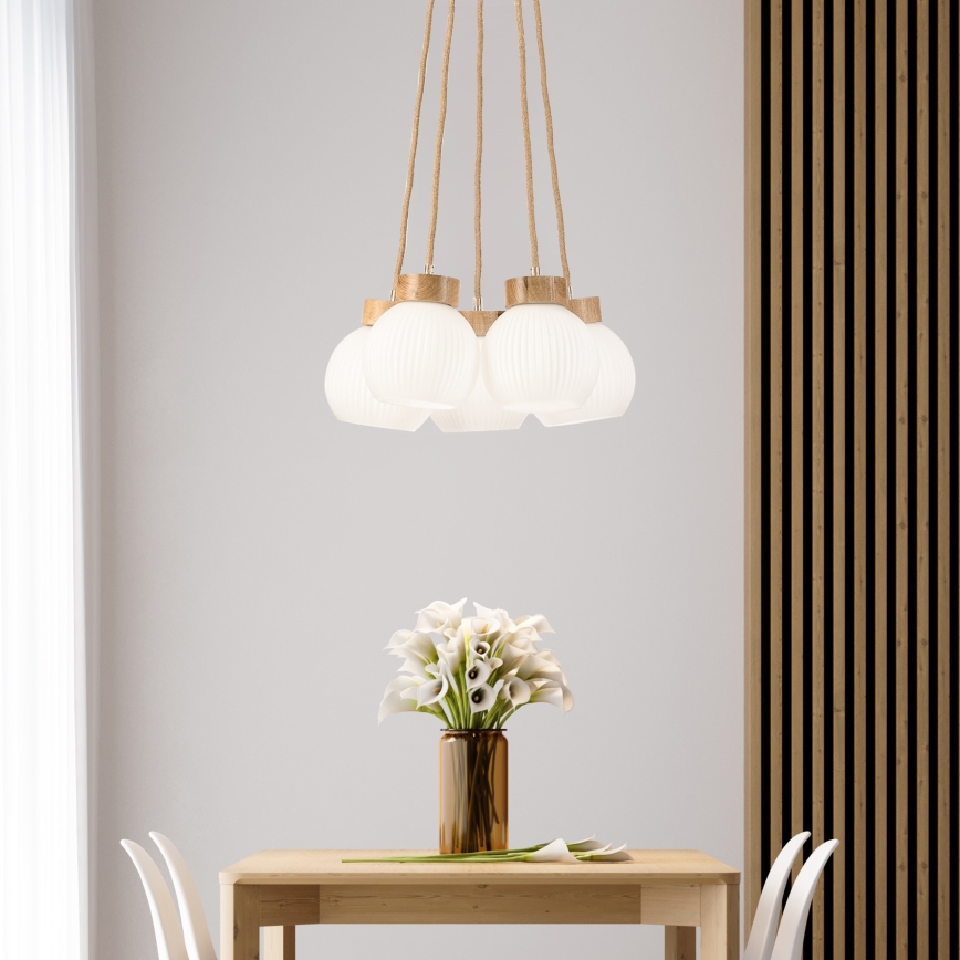 Pendellampa LOOMIS på sladd 5xE27/15W/230V 83 cm beige/ek