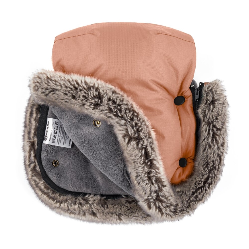 PETITE&MARS - SET Barnåkpåse 4-i-1 COMFY + handvärmare för barnvagn FURRY Pastel Peach
