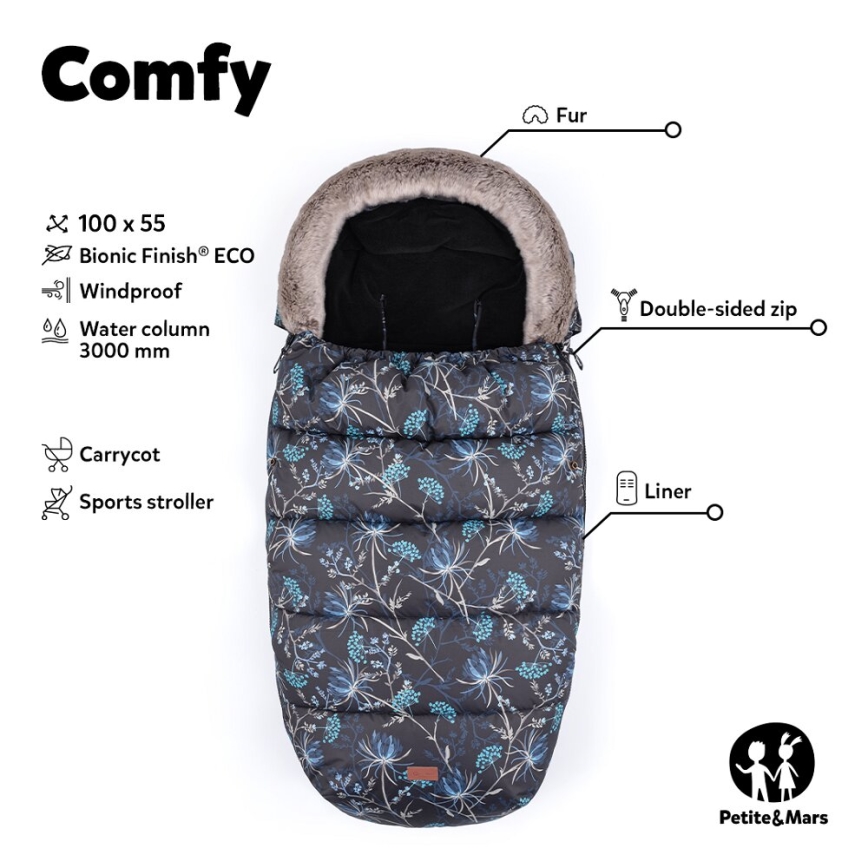 PETITE&MARS - KIT Baby åkpåse 4i1 COMFY + handmuff för barnvagn FURRY Forever Black