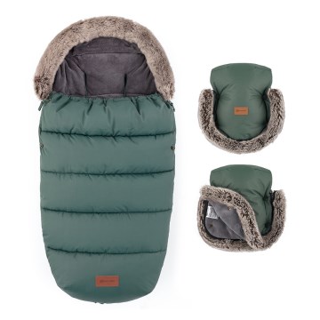 PETITE&MARS - SET Åkpåse 4-i-1 COMFY + handmuffar till barnvagn FURRY Khaki