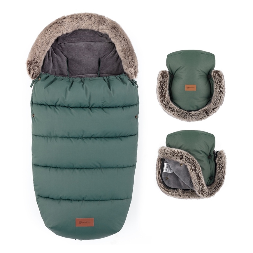 PETITE&MARS - SET Åkpåse 4-i-1 COMFY + handmuffar till barnvagn FURRY Khaki