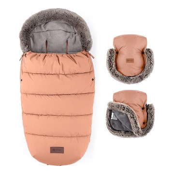 PETITE&MARS - SET Barnåkpåse 4-i-1 COMFY + handvärmare för barnvagn FURRY Pastel Peach