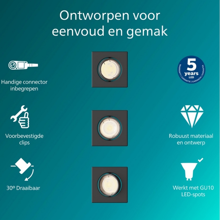 Philips - 3-pack infällda taklampor PERIDOT 1xGU10/7W/230V svart