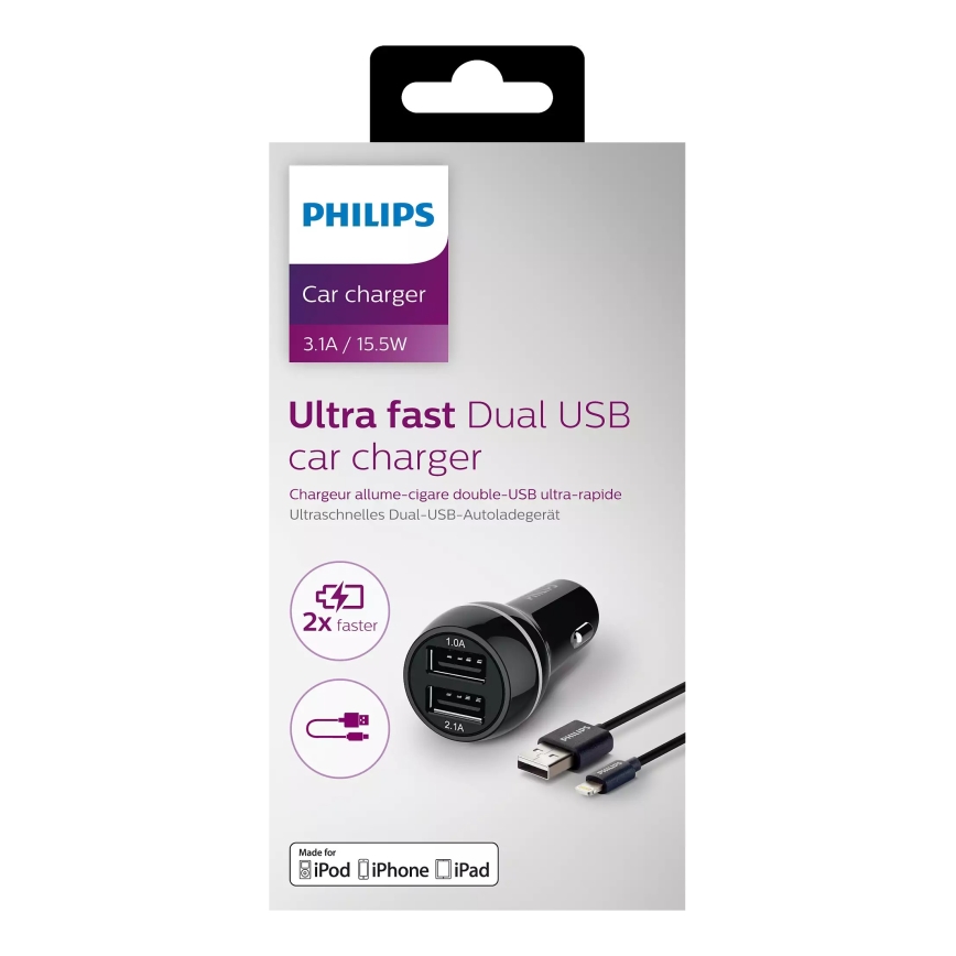 Philips DLP2357V/10 - Billaddare 2xUSB/12V + USB/lightning-kabel