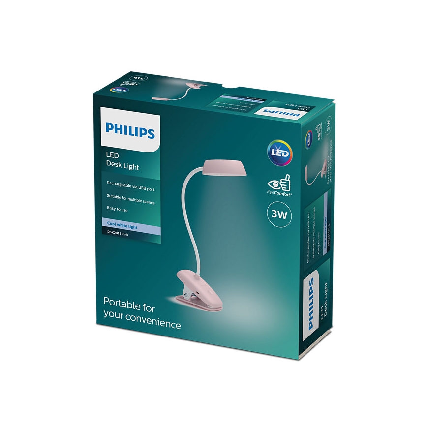 Philips - LED dimbar lampa med klämma DONUTCLIP LED/3W/5V 1200 mAh CRI 90 rosa