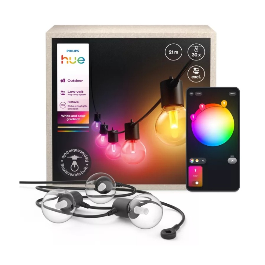 Philips - Hue FESTAVIA utomhusslinga, RGBW LED, förlängningsbar och dimbar, 30×LED, 21 m, IP65