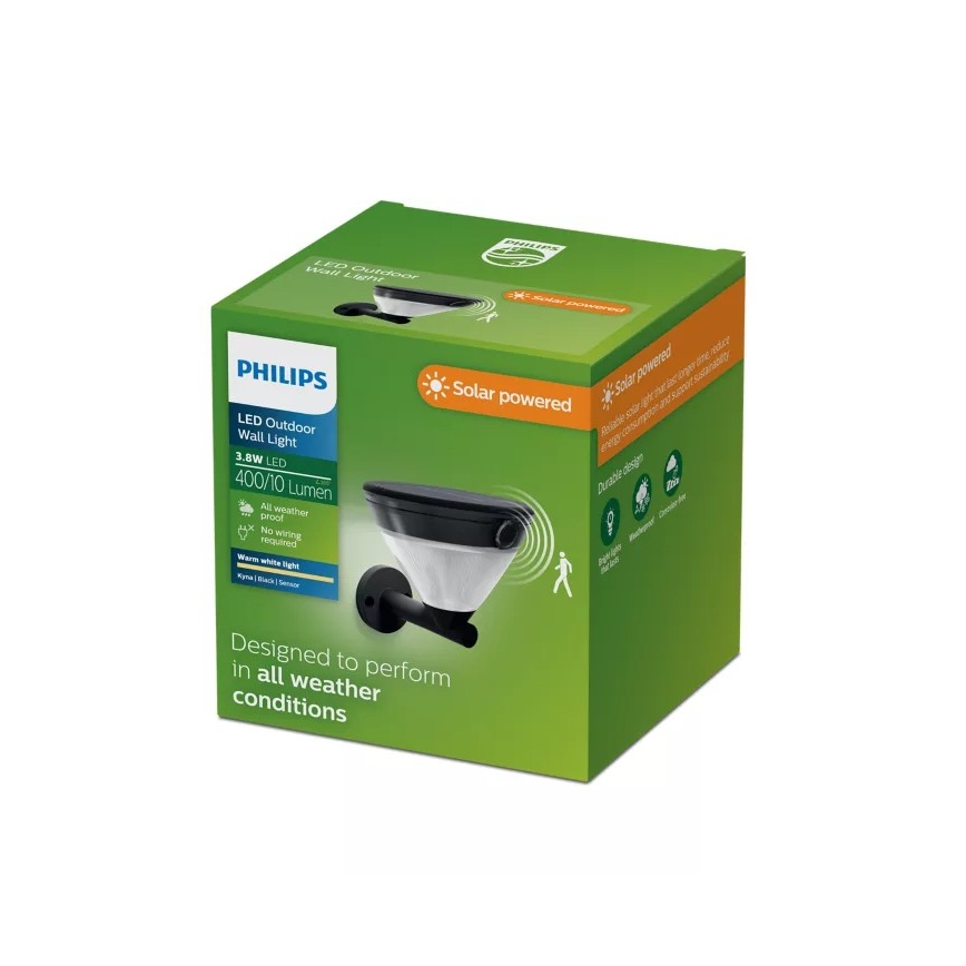 Philips - LED solcellsvägglampa med sensor KYNA LED/3,8W/3,7V 800 mAh 2700K IP44 svart
