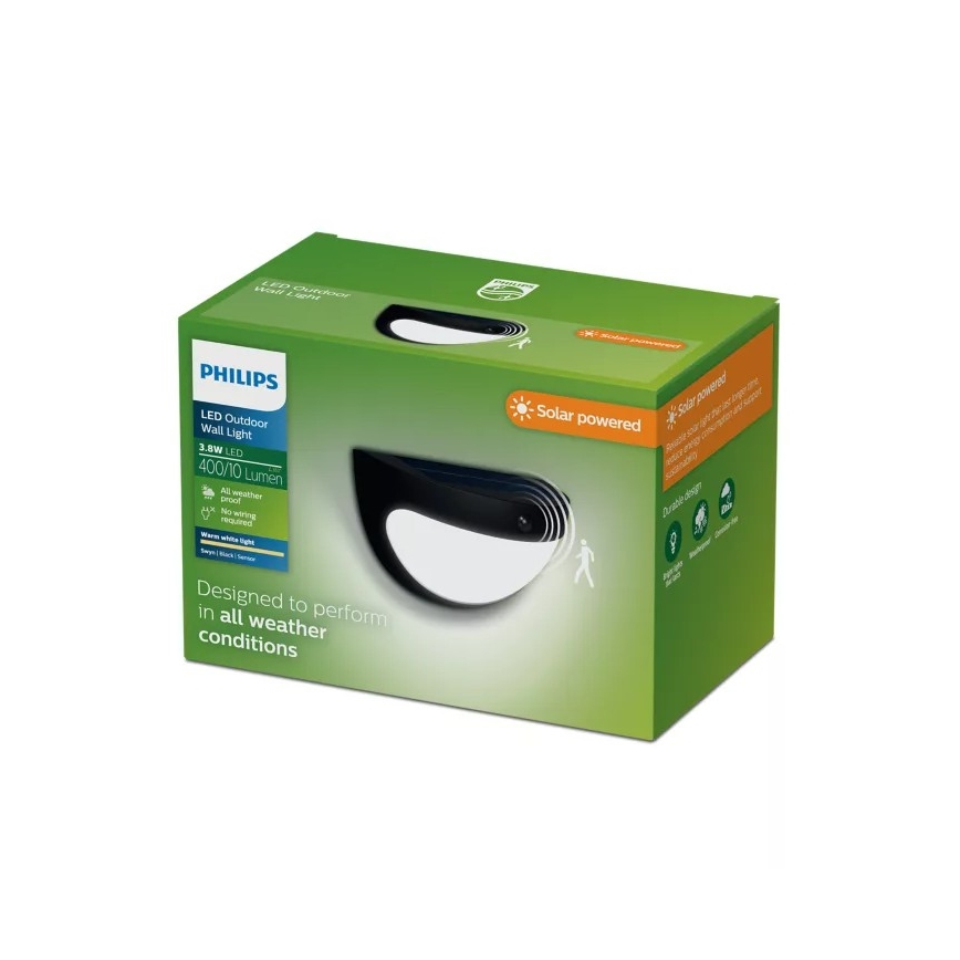 Philips - LED-solcellsdriven vägglampa med inbyggd sensor SWYN LED/3,8W/3,7V 800 mAh 2700K IP44 svart
