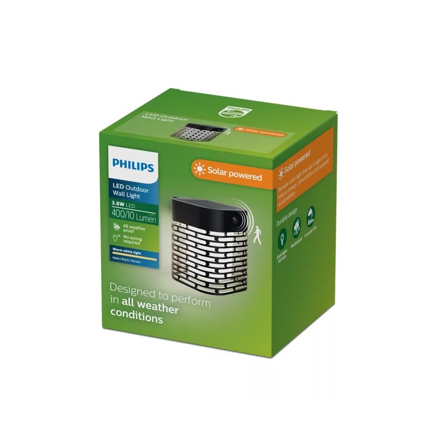 Philips - LED solcellsvägglampa med sensor HARA LED/3,8W/3,7V 800 mAh 2700K IP44 svart
