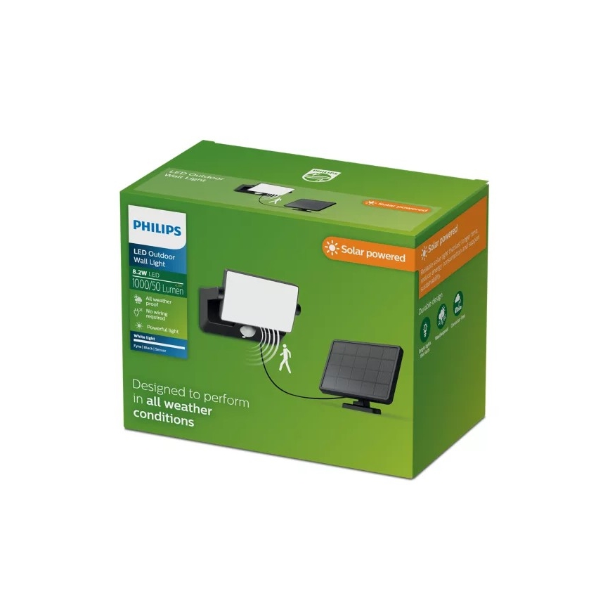 Philips - LED solcellsdriven väggstrålkastare med sensor FYNS LED/8,2W/3,7V 2600 mAh 3000K IP44 svart