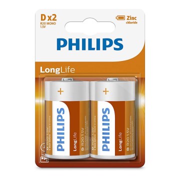 Philips R20L2B/10 - 2 st Zinkkloridbatteri D LONGLIFE 1,5V 5000mAh