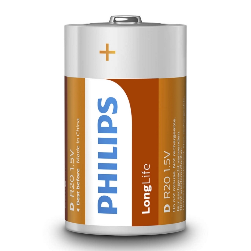 Philips R20L2B/10 - 2 st Zinkkloridbatteri D LONGLIFE 1,5V 5000mAh