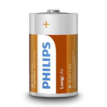 Philips R20L2F/10 - 2 st Zinkkloridbatteri D LONGLIFE 1,5V 5000mAh
