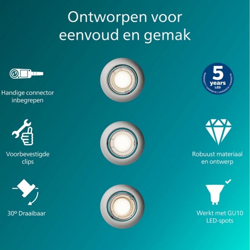 Philips - Set om 3 infällda spotlights PERIDOT 1xGU10/7W/230V, silverfärgade