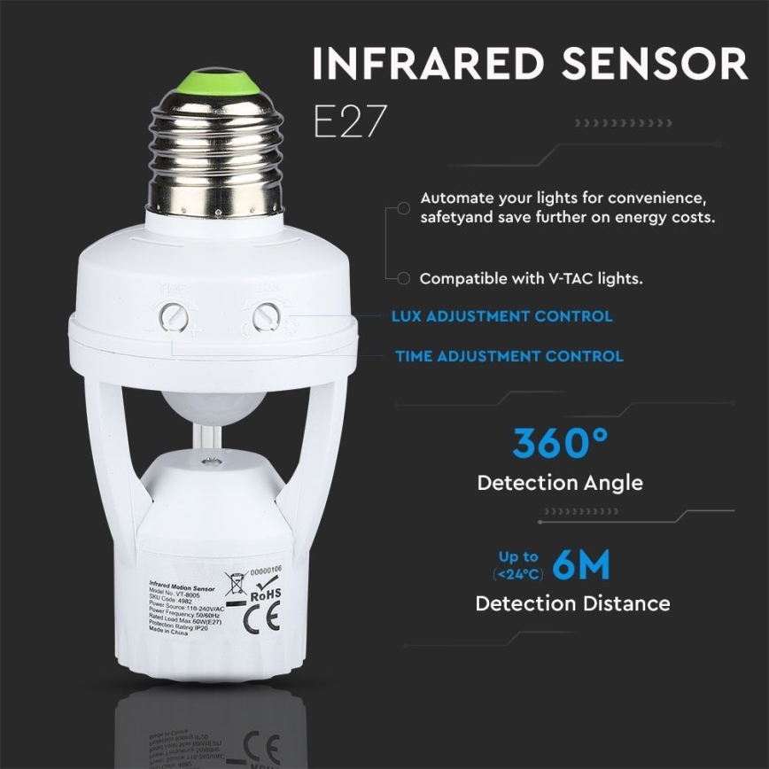 PIR-sensor för E27-lampa vit