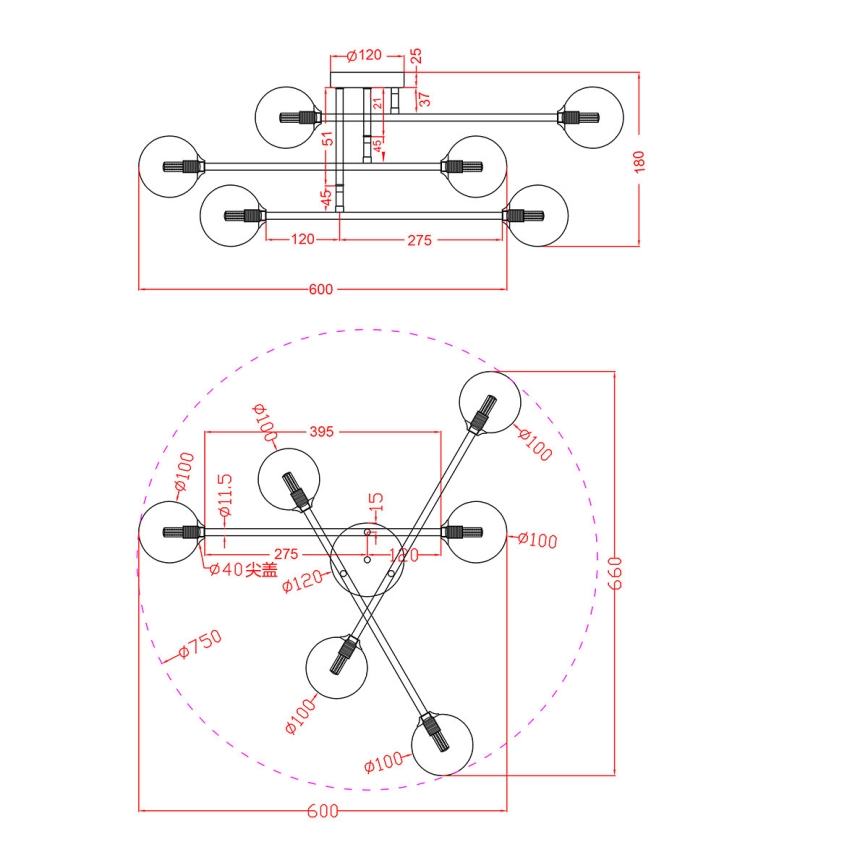 Plafondlampa DORADO 6xG9/28W/230V svart
