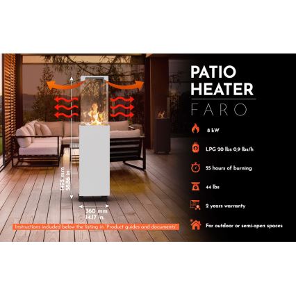 Planika - Utomhus gas eldstad 142x36 cm 8kW 1xAAA vit + skyddande hölje