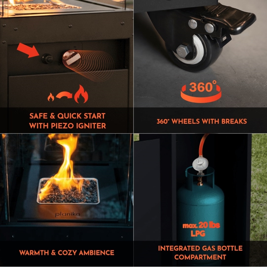 Planika - Utomhus gas eldstad 142x36 cm 8kW 1xAAA vit + skyddande hölje