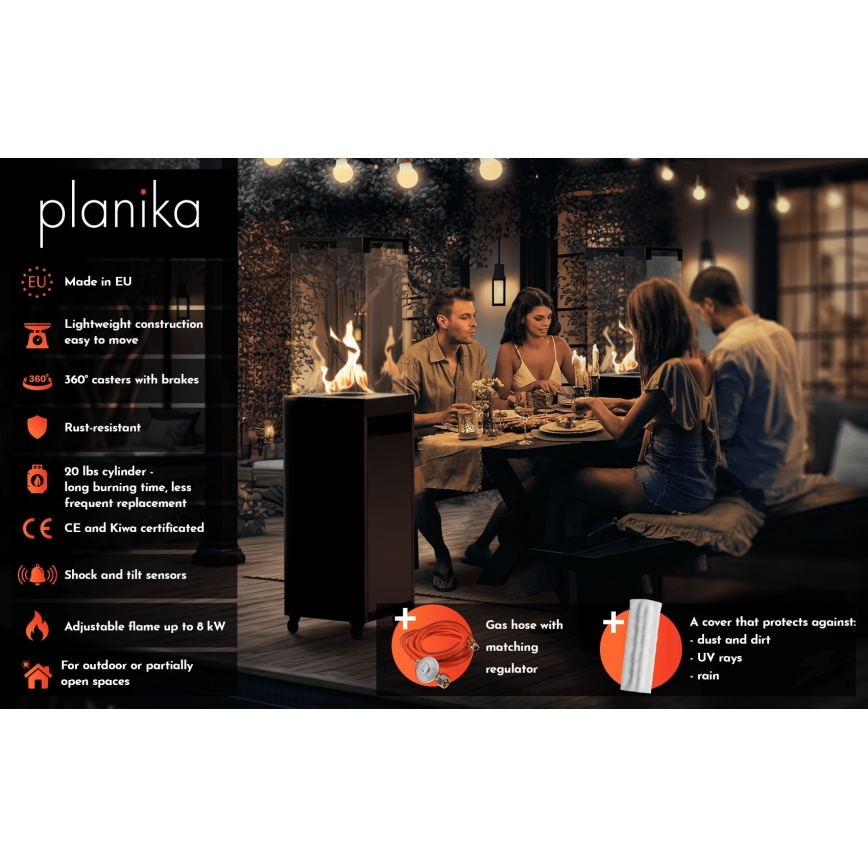 Planika - Utomhus gaskamin 142x36 cm 8kW 1xAAA grå + skyddsöverdrag