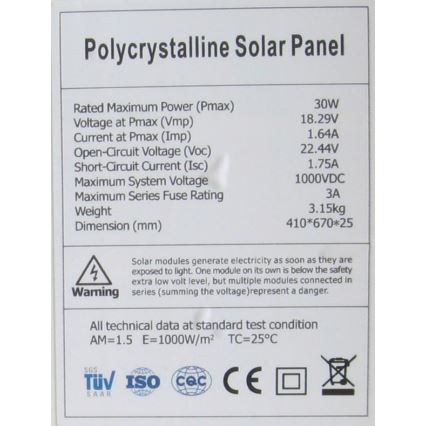 Polykristallinsk fotovoltaisk solpanel 30W/12V