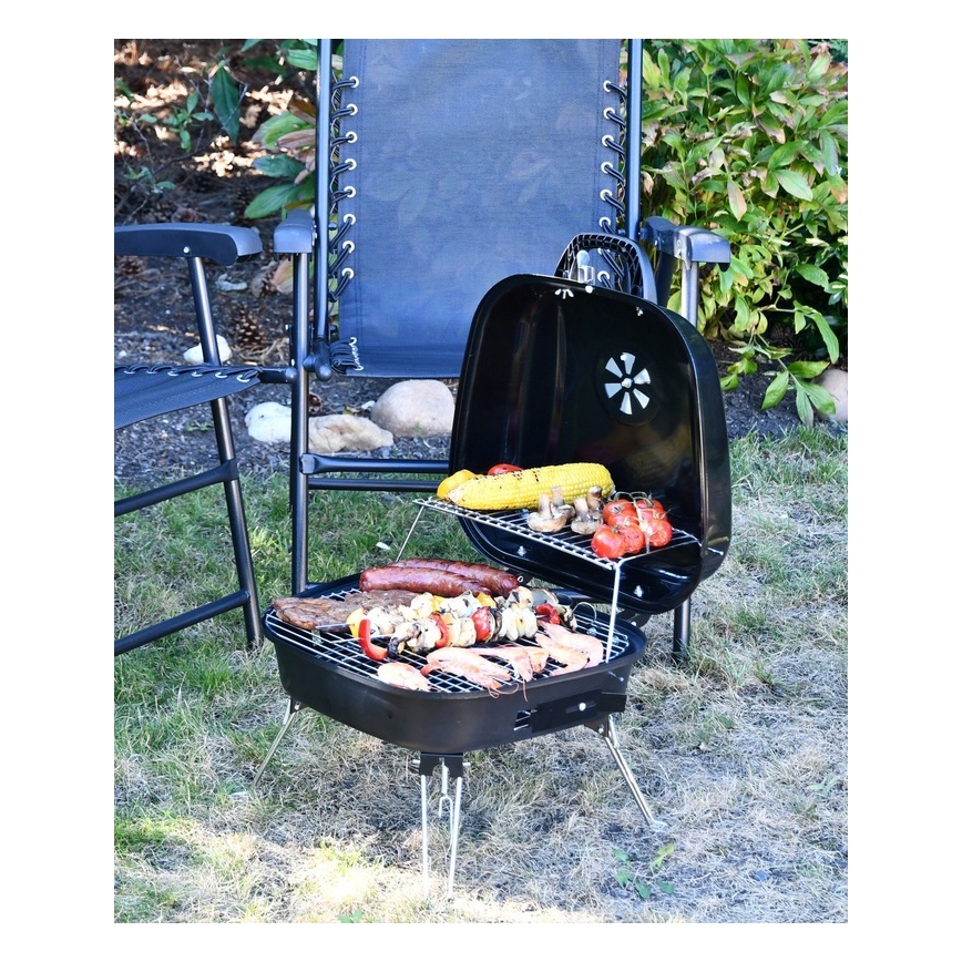 Portabel kolgrill med galler svart