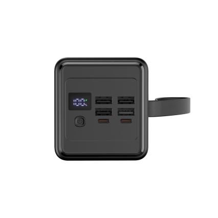 Power bank 60000 mAh 65W Power Delivery 4xUSB-A + 2xUSB-C med LED ficklampa med krok och magnet och USB-C kabel 1m svart