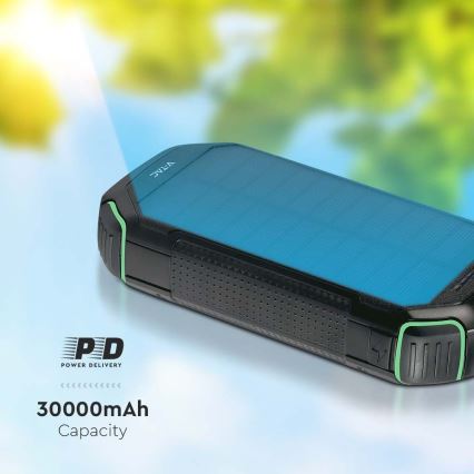 Solcellsladdare Power Bank med ficklampa Power Delivery 30000mAh/20W/5V svart
