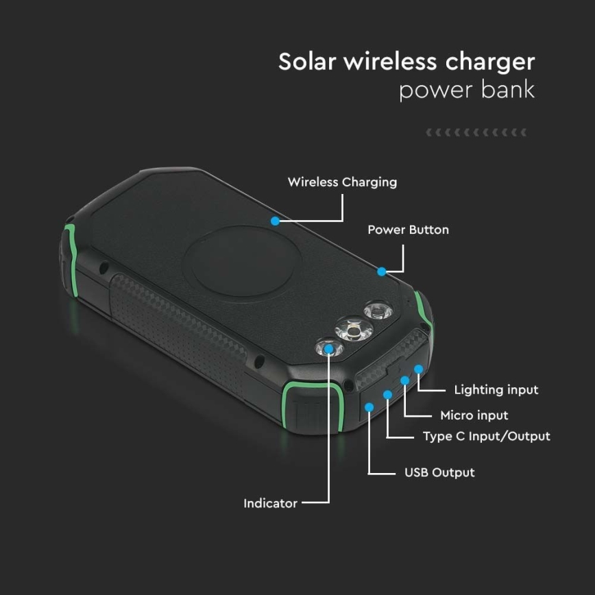 Solcellsladdare Power Bank med ficklampa Power Delivery 30000mAh/20W/5V svart