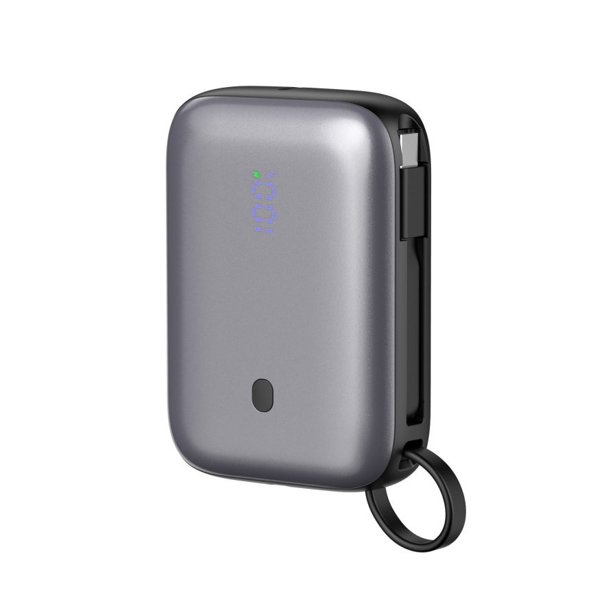 Powerbank 10000 mAh 20W Power Delivery kompakt med inbyggd upprullningsbar USB-C-kabel 1m svart