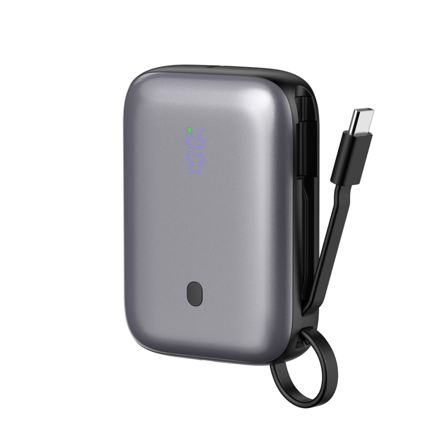 Powerbank 10000 mAh 20W Power Delivery kompakt med inbyggd upprullningsbar USB-C-kabel 1m svart