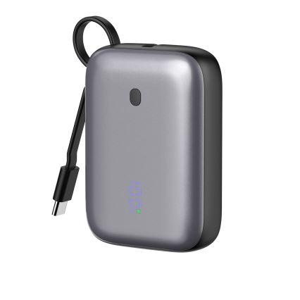 Powerbank 10000 mAh 20W Power Delivery kompakt med inbyggd upprullningsbar USB-C-kabel 1m svart