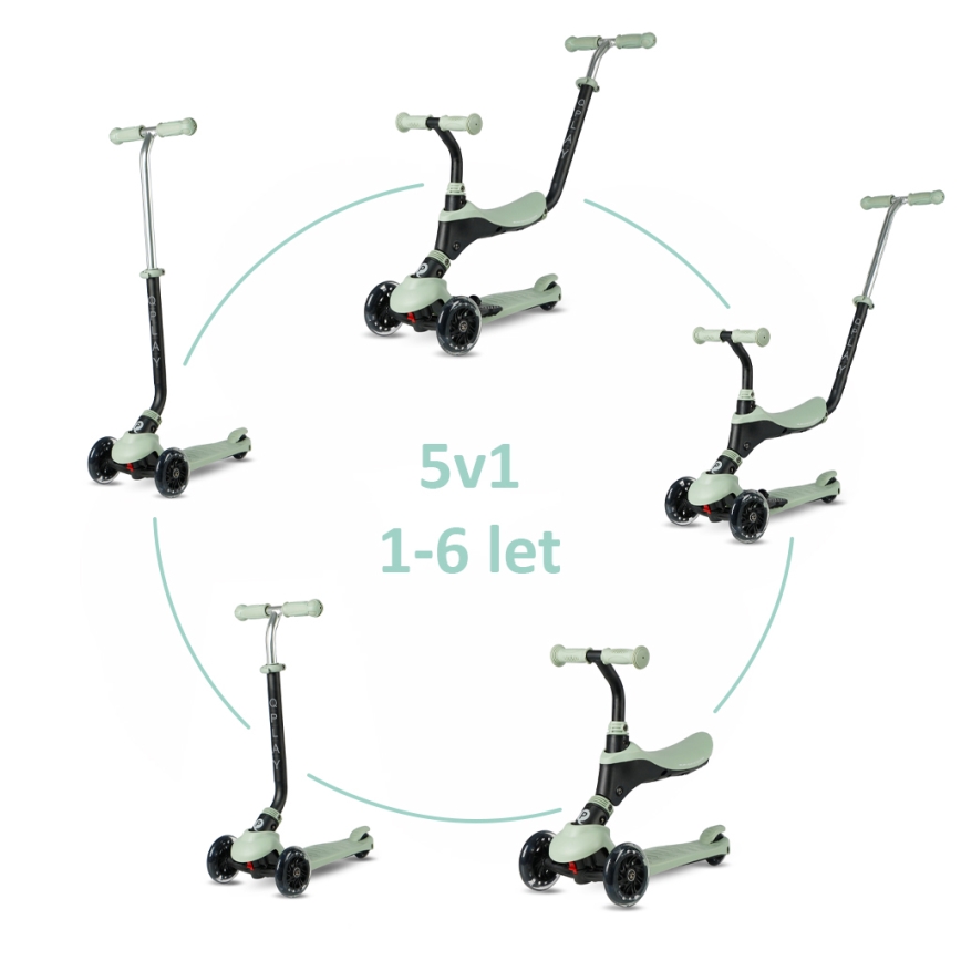 QPlay - Barnsparkcykel med LED-hjul 5-i-1 SEMA PRO grön