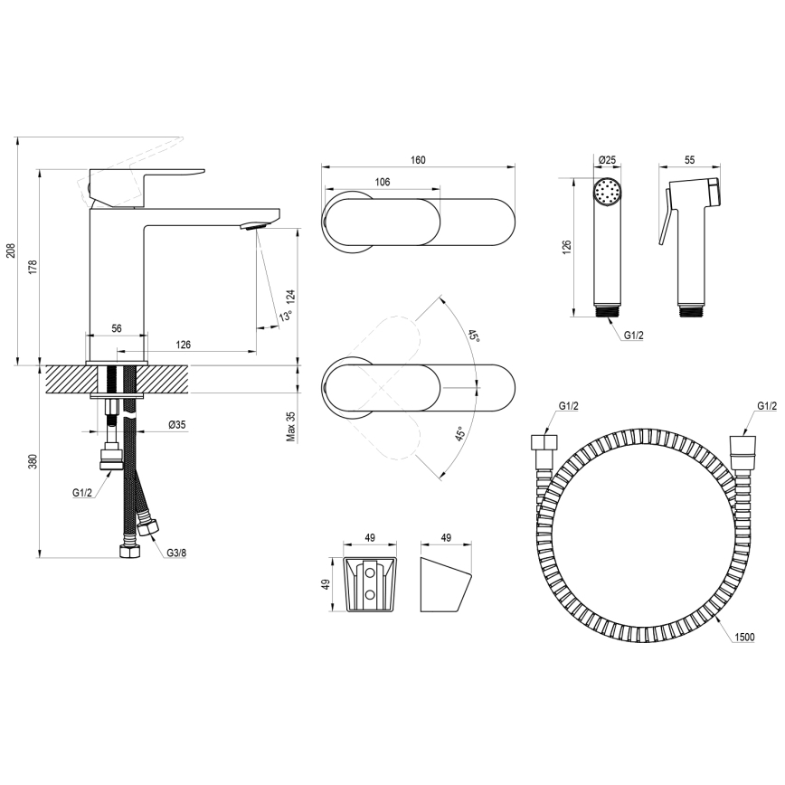 Ravak X070462 - Tvättställsblandare med bidetdusch CHROME svart