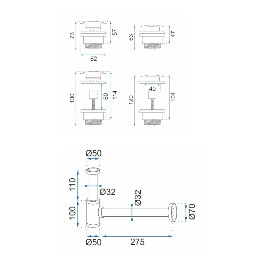 REA-A4400 - Sifon till handfat med CLICK-CLACK-bottenventil Ø 6,4 cm nickel