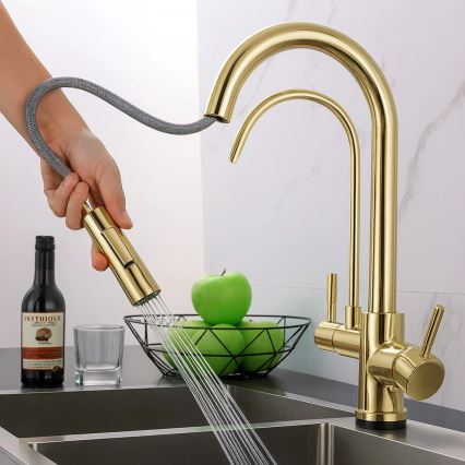 REA-B8989 - Köksblandare med utdragbar dusch och inbyggd filtrering ECO FRESH 37,5 cm guld