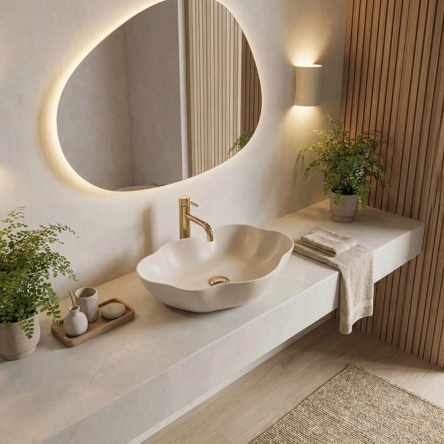 REA-U0617 - Tvättställ för bänkskiva PEARL 38x50,5 cm keramik/beige/stenimitation