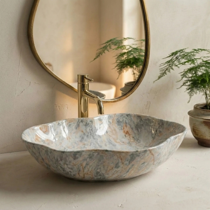 REA-U0620 - Tvättställ för bänkskiva PEARL 38x50,5 cm keramik/grå/beige/stenimitation