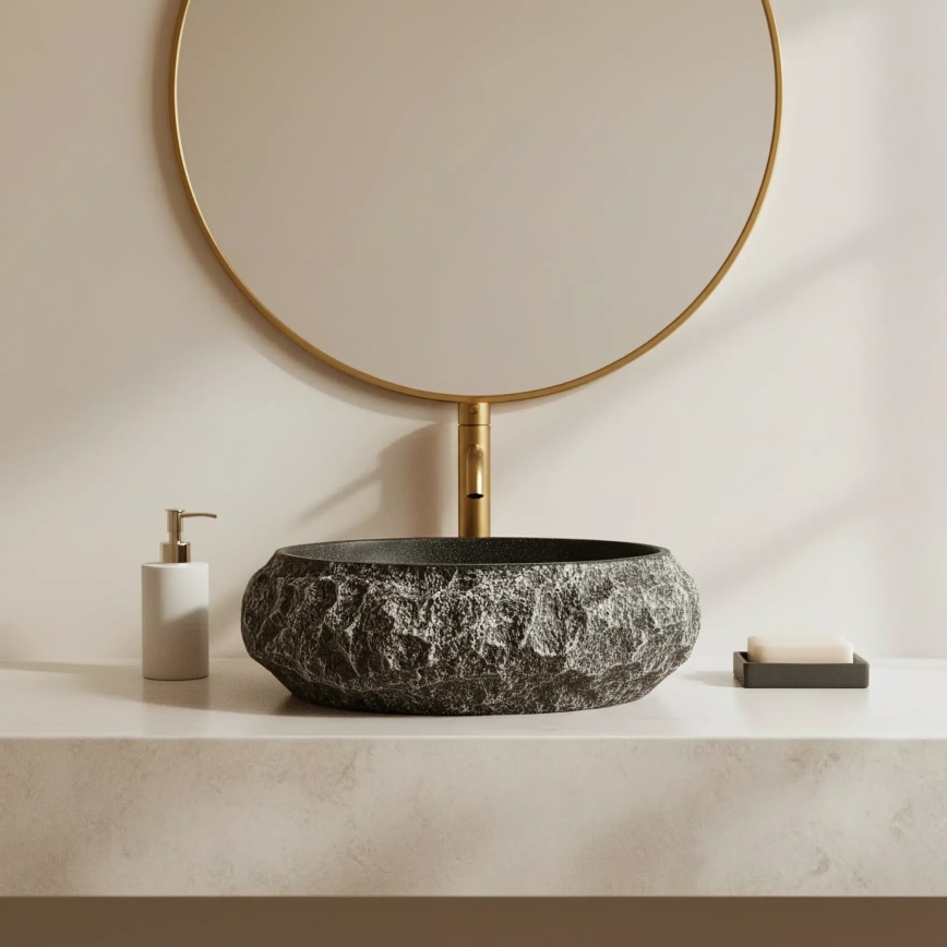 REA-U0634 - Tvättställ för bänkskiva MIKA GABRO 38x50 cm svart/stenimitation