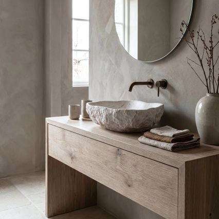 REA-U0642 - Tvättställ för bänkskiva ISLA 37x49 cm vit/beige/stenimitation