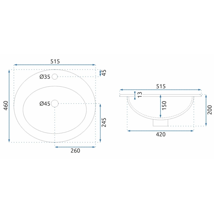 REA-U4122 - Infällt tvättställ DALIA 46x51,5 cm keramik/blank vit