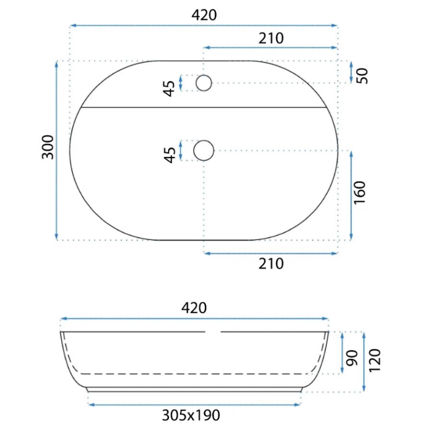 REA-U6617 - AURA handfat för bänkskiva 30 x 42 cm, keramik/blank vit