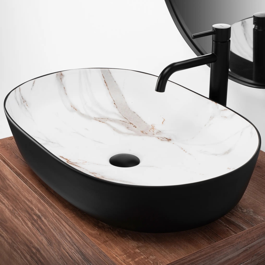 REA-U6625 - Tvättställ för bänkskiva CLEO 41x60,5 cm keramik/svart/vit/marmordekor