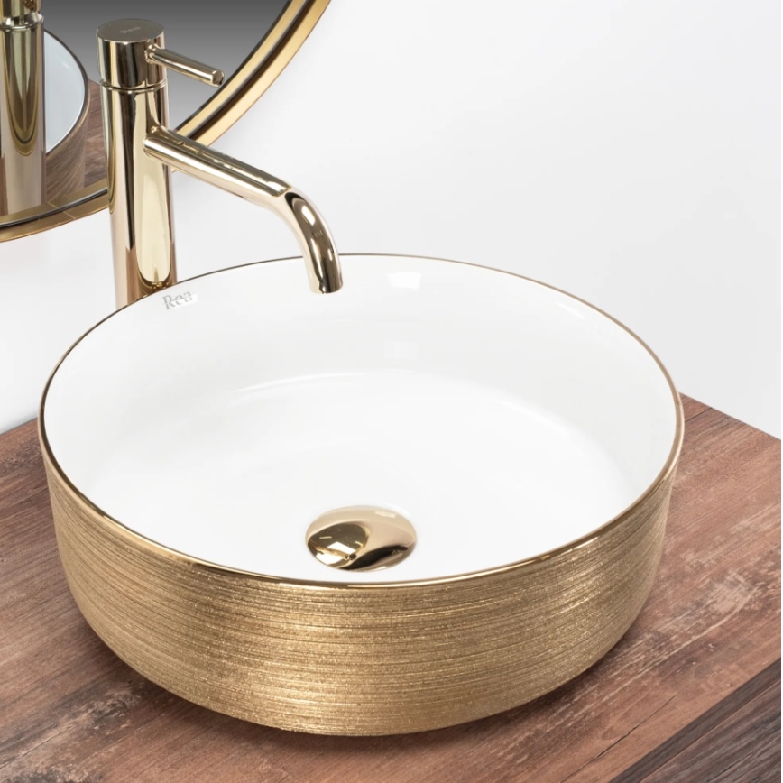 REA-U6630 - Tvättställ för bänkskiva SAMI Ø 36 cm, keramik/vit/borstad guld
