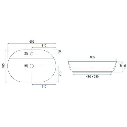 REA-U7900 - Tvättställ för bänkskiva AURA 40,5x60,5 cm keramik/blank vit