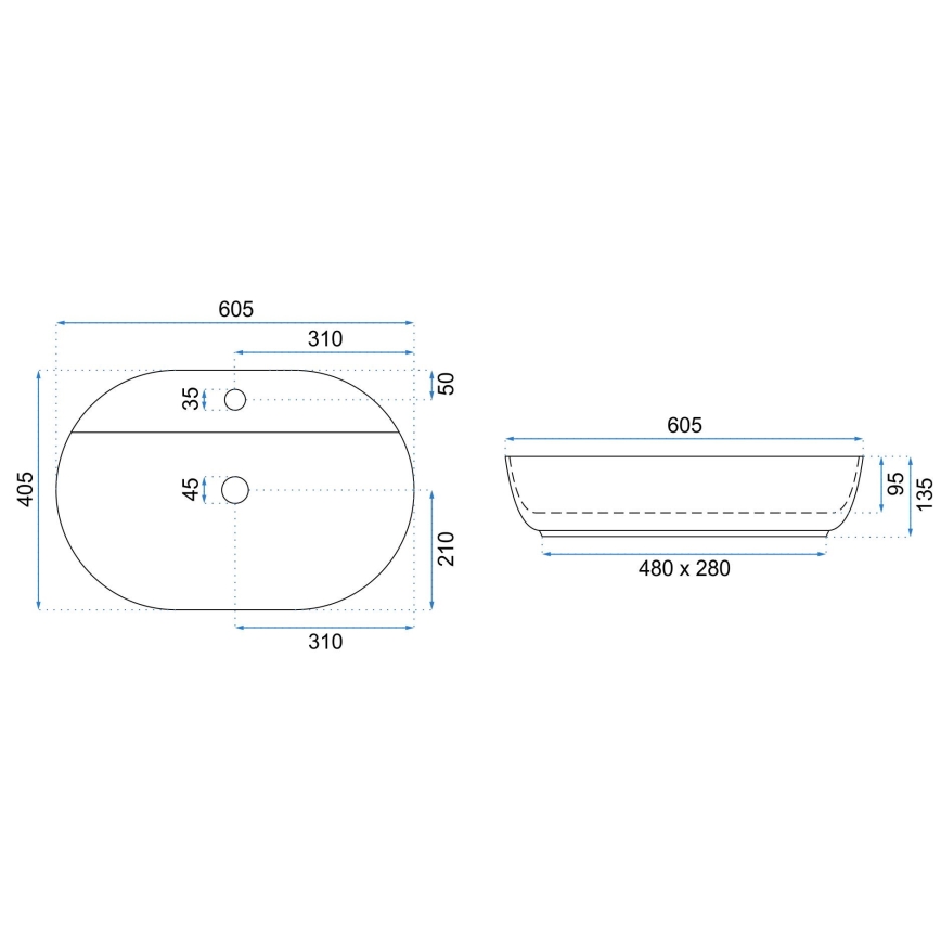 REA-U7900 - Tvättställ för bänkskiva AURA 40,5x60,5 cm keramik/högblank vit