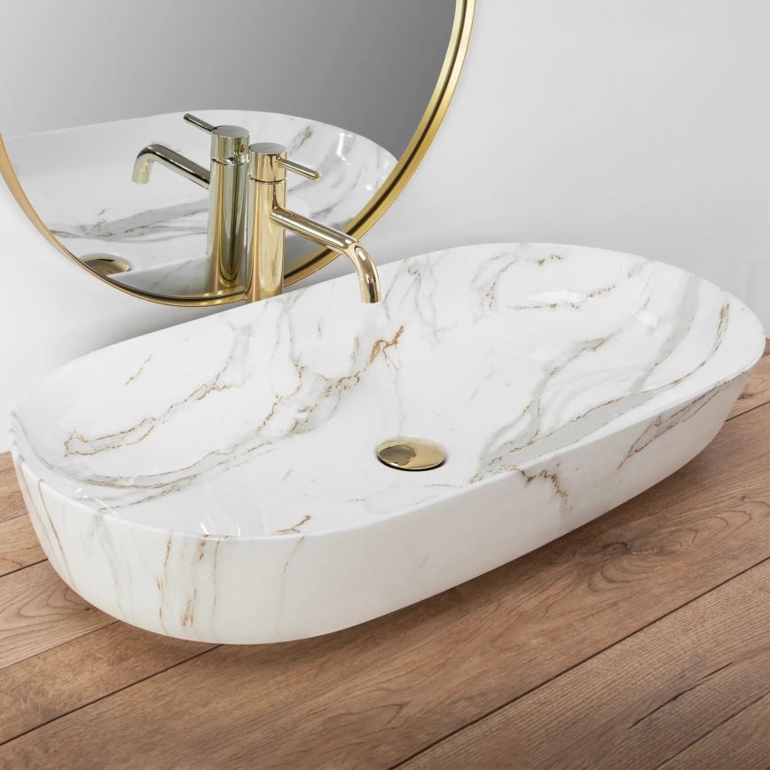 REA-U8404 - CLEO tvättställ för bänkskiva 41x81 cm, keramik/vit med marmordekor