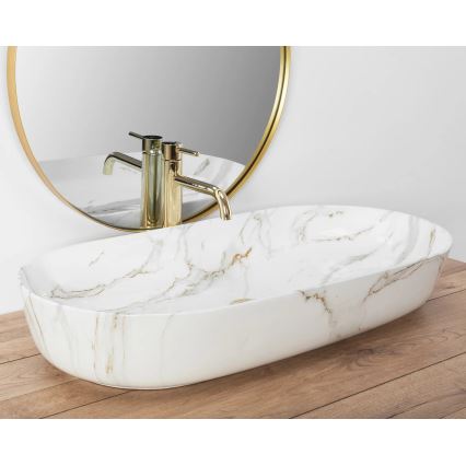 REA-U8404 - CLEO tvättställ för bänkskiva 41x81 cm, keramik/vit med marmordekor
