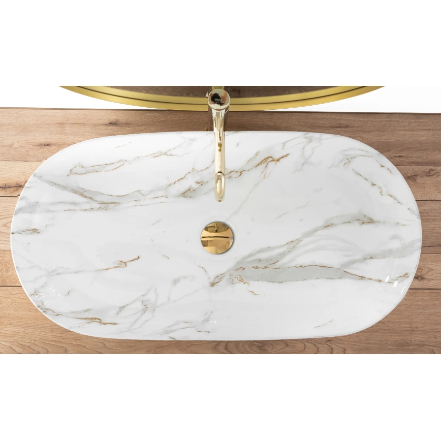 REA-U8404 - CLEO tvättställ för bänkskiva 41x81 cm, keramik/vit med marmordekor