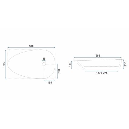 REA-U8537 - Tvättställ för bänkskiva GRETA 40x65,5 cm keramik/blankvit
